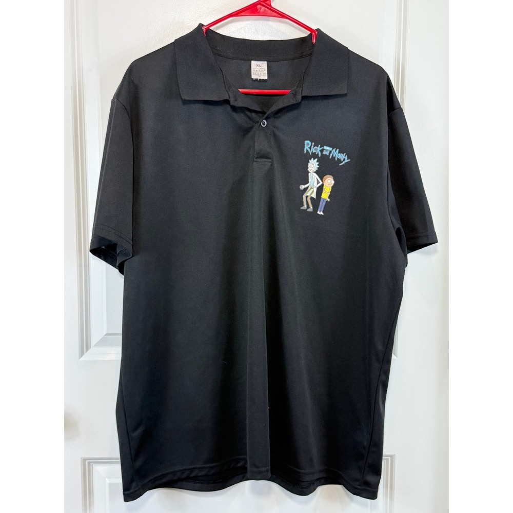 Rick and‎ Morty Mens Black Graphic Polo Shirt Short Sleeve XL Adult Swim Cartoon